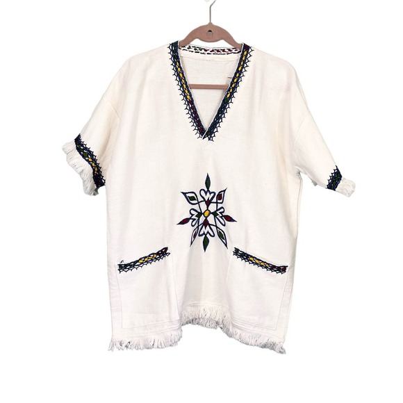 White Tunic Black Hand Embroidered V Neck Top w Fringes One Size - Picture 1 of 7